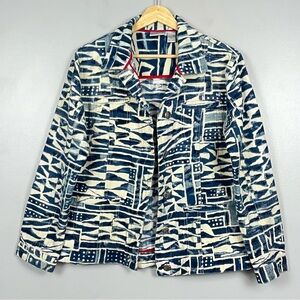 Chico’s blue & ivory abstract western style 100% cotton jacket, medium.